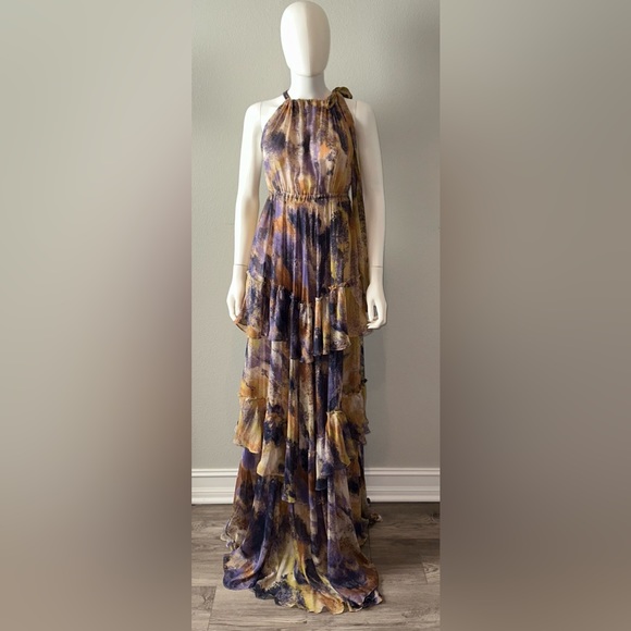 ALEXIS *Harmony* purple yellow gold tiered halter maxi dress gown S *RARE* - Picture 3 of 12